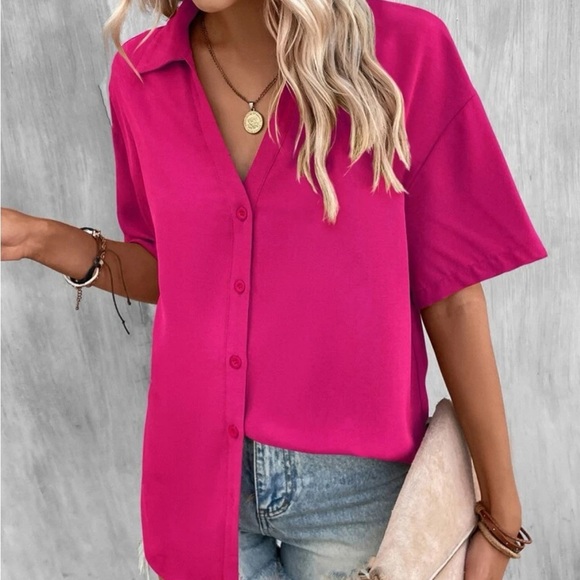 New hot pink button down short sleeve top - Picture 6 of 8